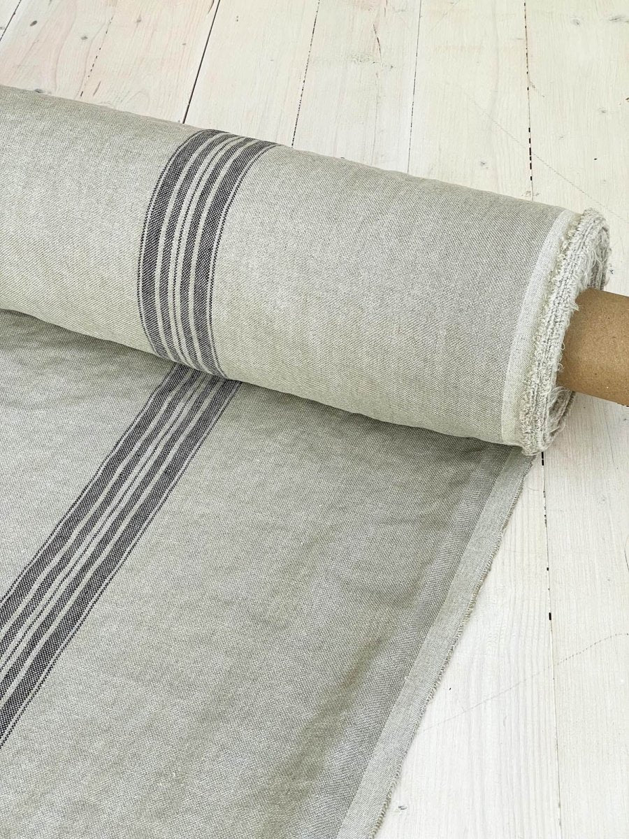 Natural heavyweight linen fabric with black stripes - earthytextiles