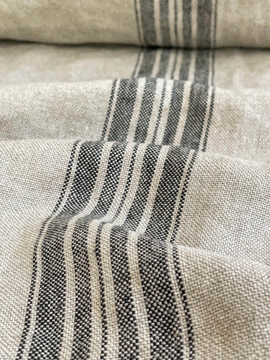 Natural Heavyweight Linen Fabric With Black Stripes