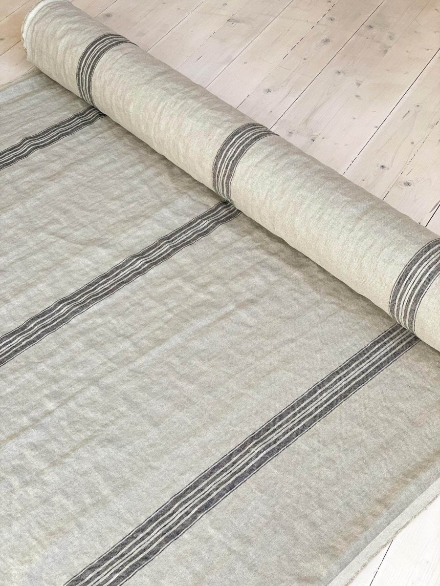 Natural heavyweight linen fabric with black stripes - earthytextiles