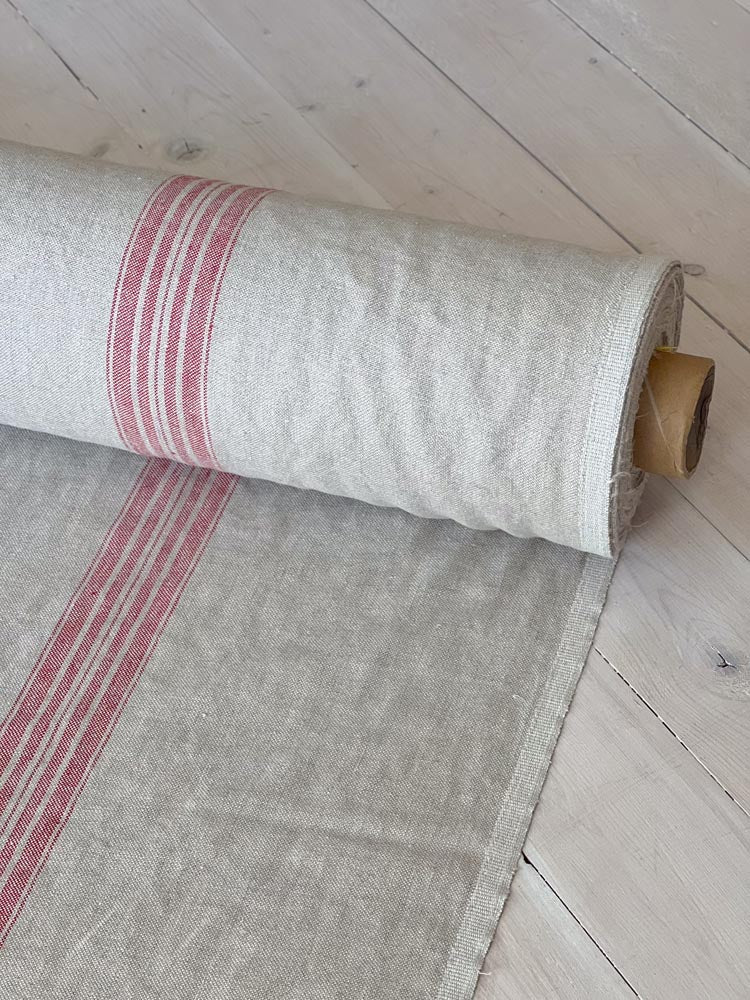 Natural heavyweight linen fabric with red stripes - earthytextiles