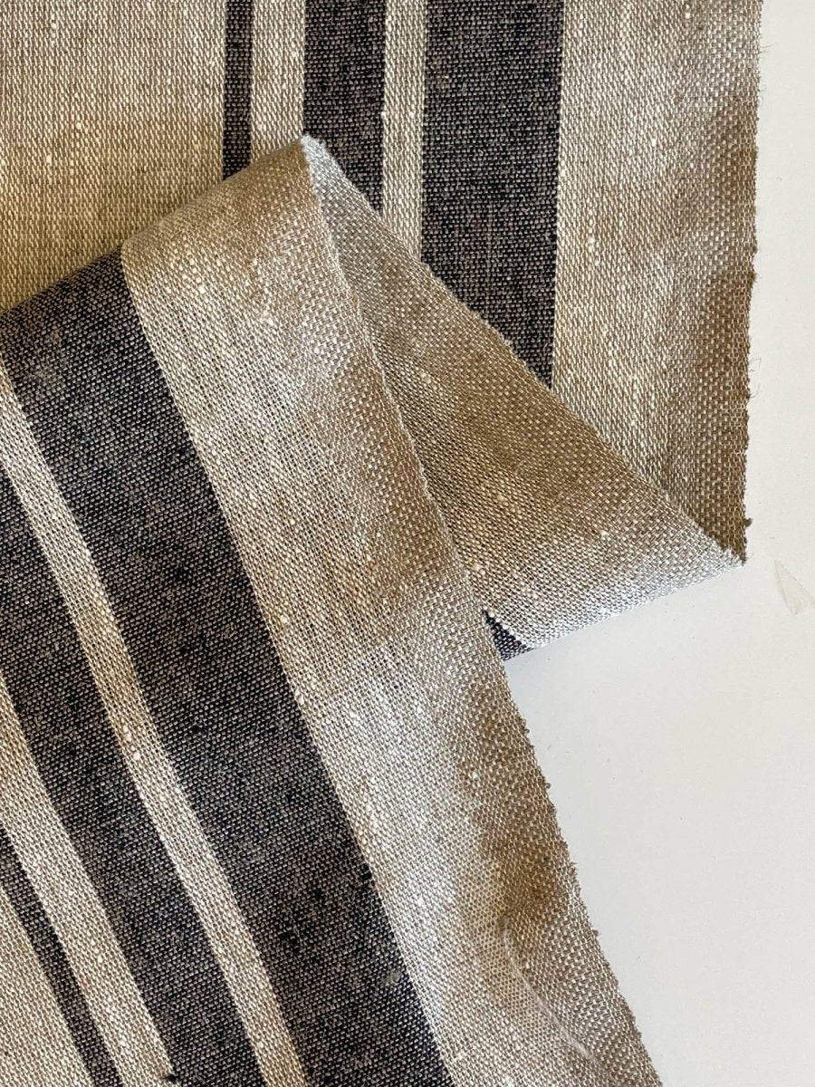 Natural narrow linen fabric with black side stripes - earthytextiles