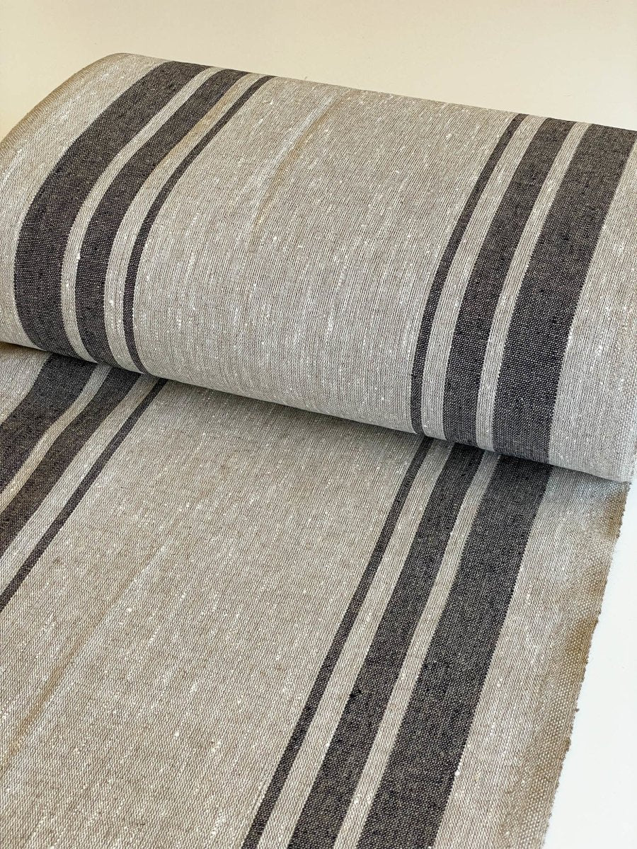 Natural narrow linen fabric with black side stripes - earthytextiles