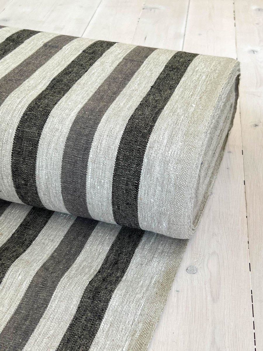 Natural narrow linen fabric with black/grey wide stripes - earthytextiles