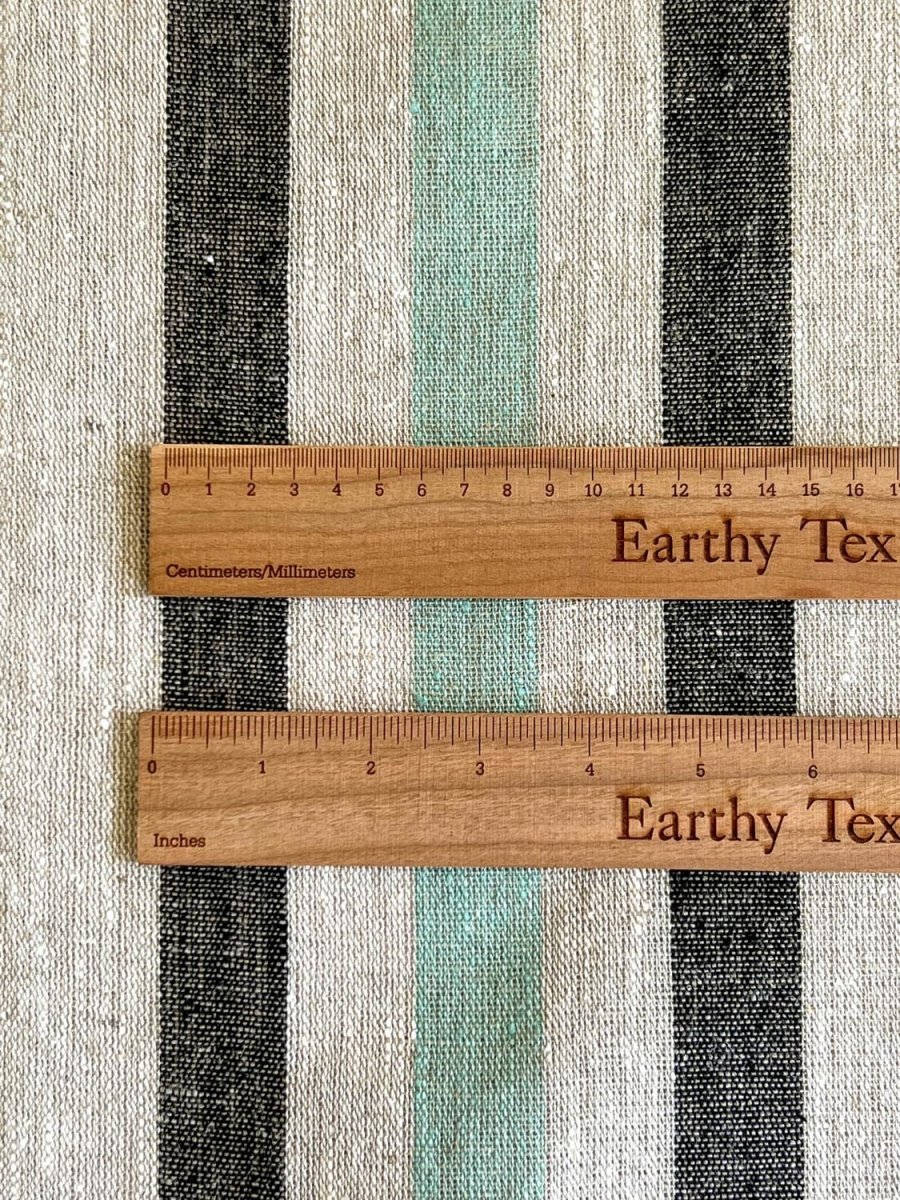 Natural narrow linen fabric with black/mint wide stripes - earthytextiles