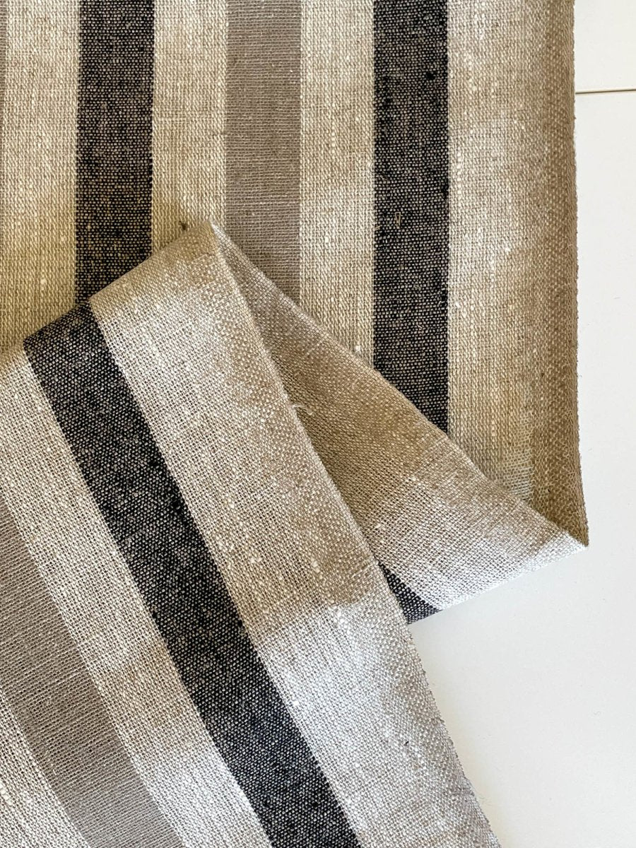 Natural narrow linen fabric with black/natural wide stripes - earthytextiles