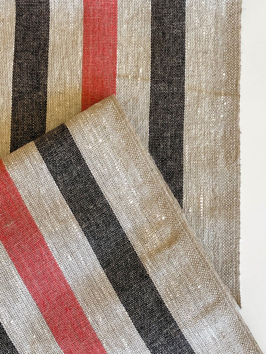 Natural narrow linen fabric with black/red wide stripes - earthytextiles
