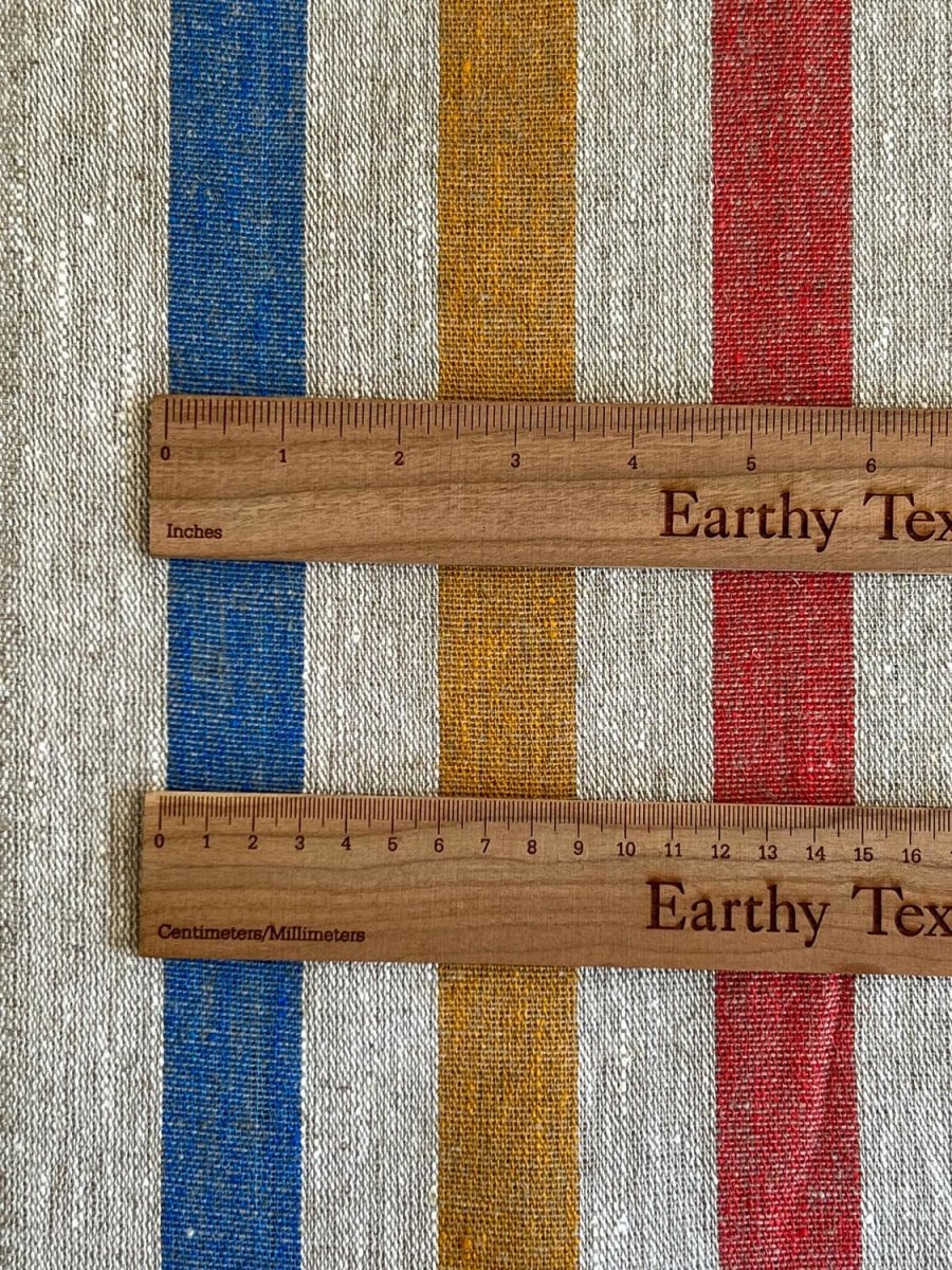 Natural narrow linen fabric with blue/yellow/red wide stripes - earthytextiles