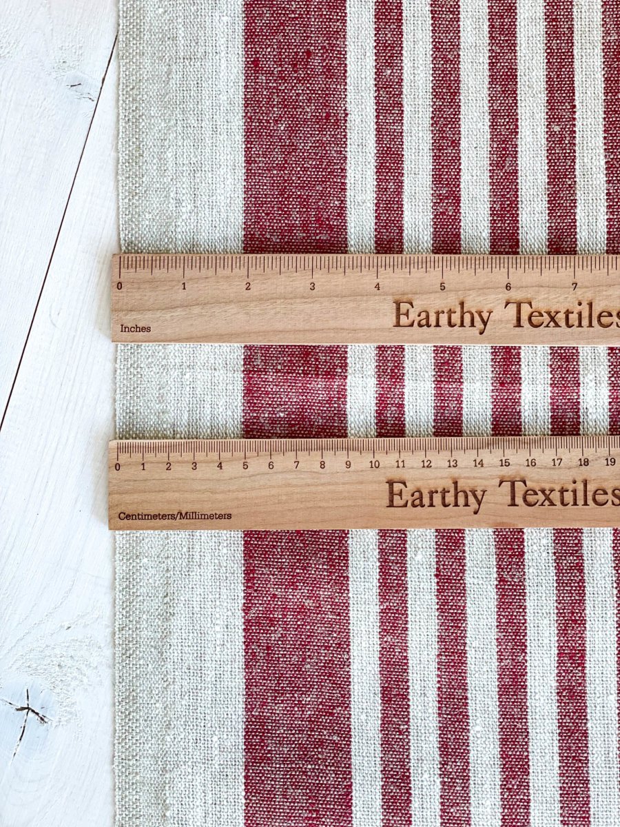 Natural narrow linen fabric with cherry red stripes - earthytextiles