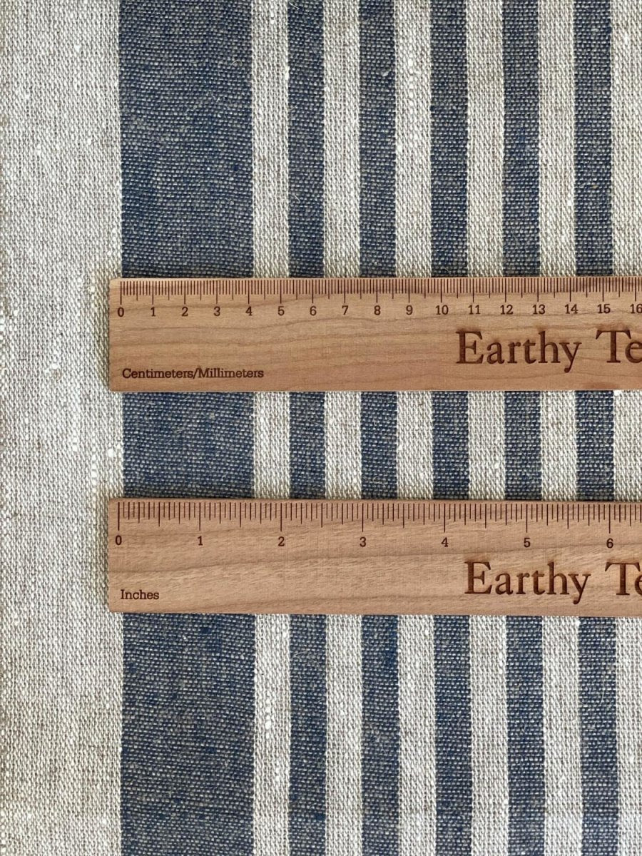 Natural narrow linen fabric with dark blue stripes - earthytextiles