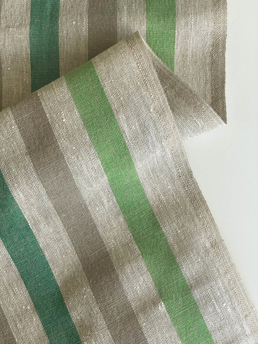 Natural narrow linen fabric with green/natural wide stripes - earthytextiles