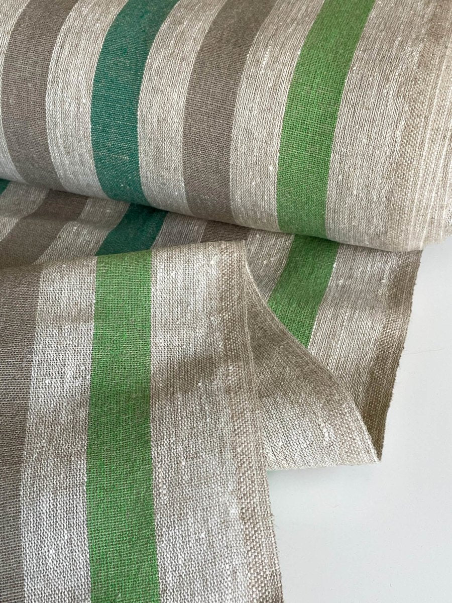 Natural narrow linen fabric with green/natural wide stripes - earthytextiles