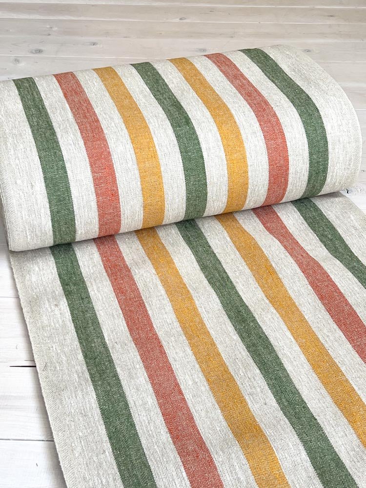 Natural narrow linen fabric with green/yellow/red wide stripes - earthytextiles