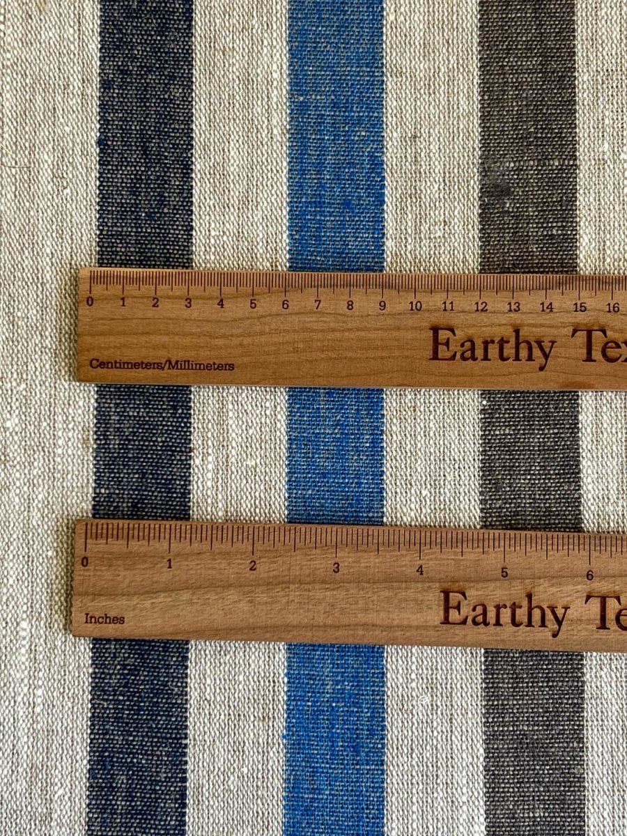 Natural narrow linen fabric with grey/blue/dark blue wide stripes - earthytextiles