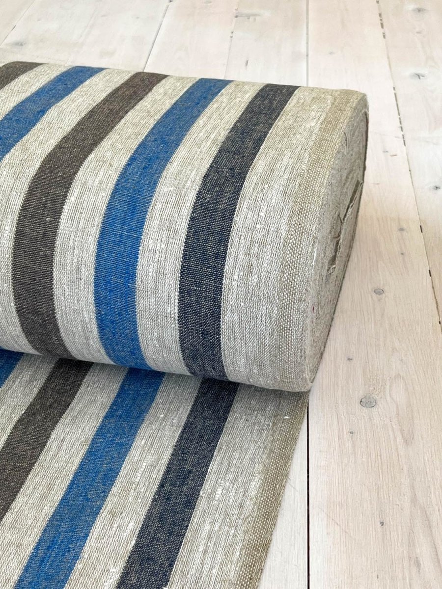 Natural narrow linen fabric with grey/blue/dark blue wide stripes - earthytextiles