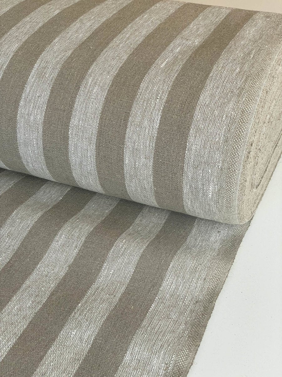 Natural narrow linen fabric with natural wide stripes - earthytextiles