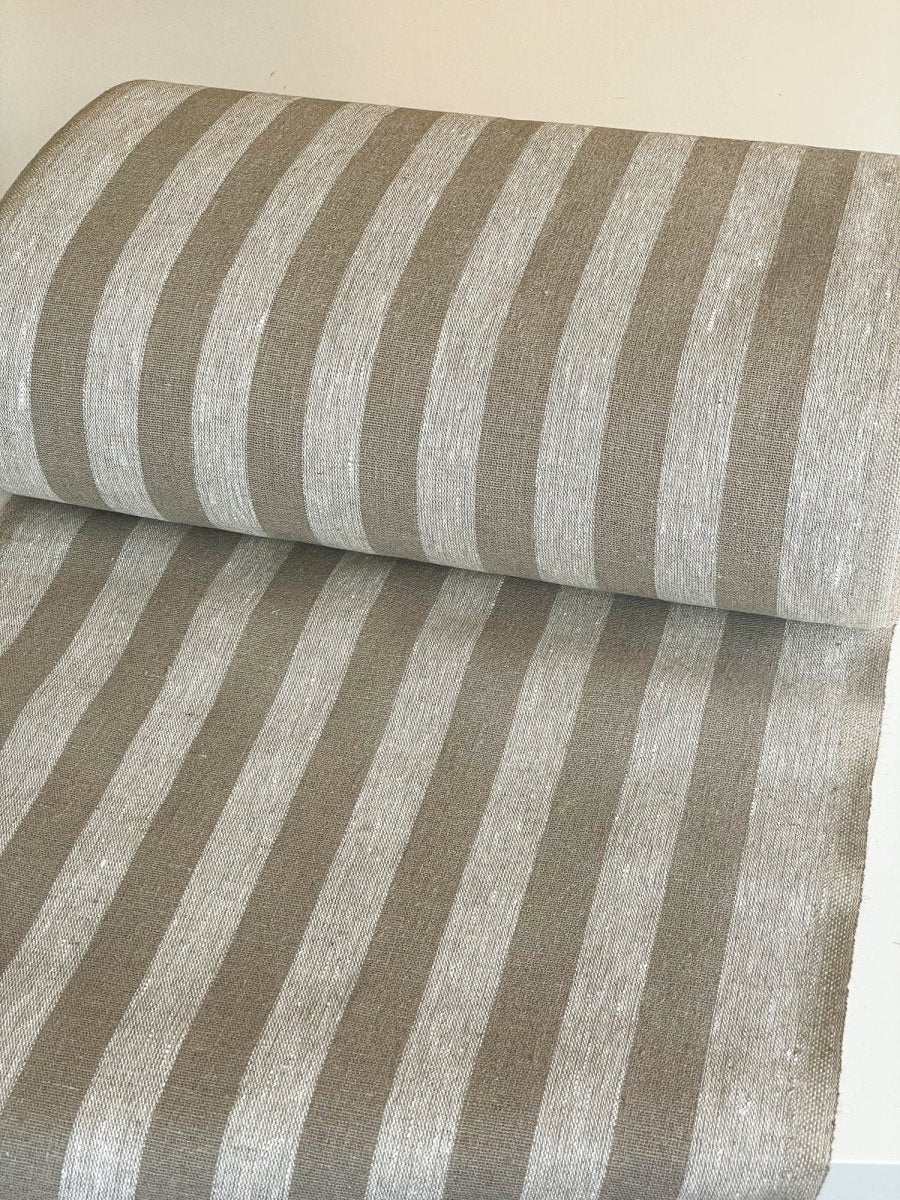 Natural narrow linen fabric with natural wide stripes - earthytextiles