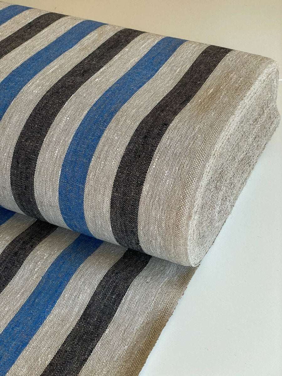 Natural narrow linen fabric with natural/black/blue wide stripes - earthytextiles