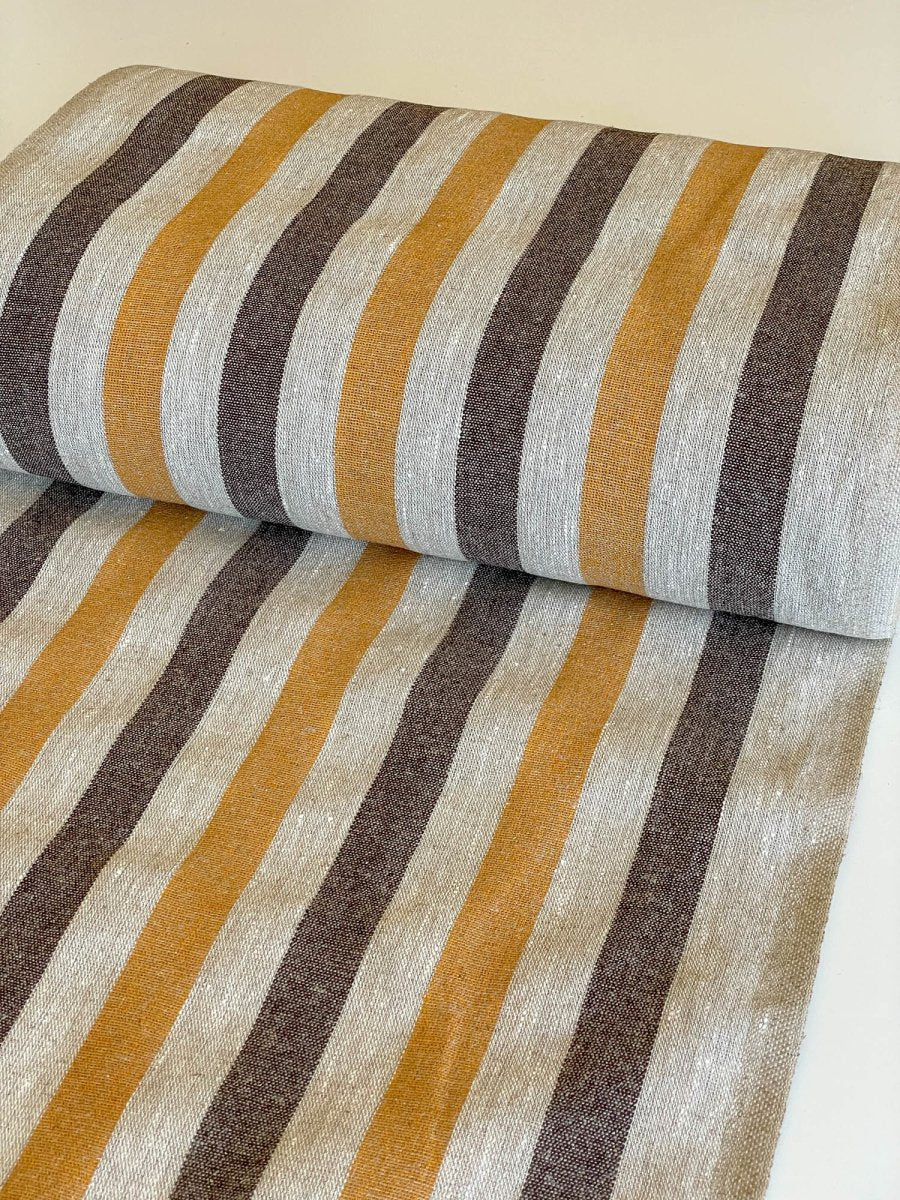 Natural narrow linen fabric with natural/black/yellow wide stripes - earthytextiles