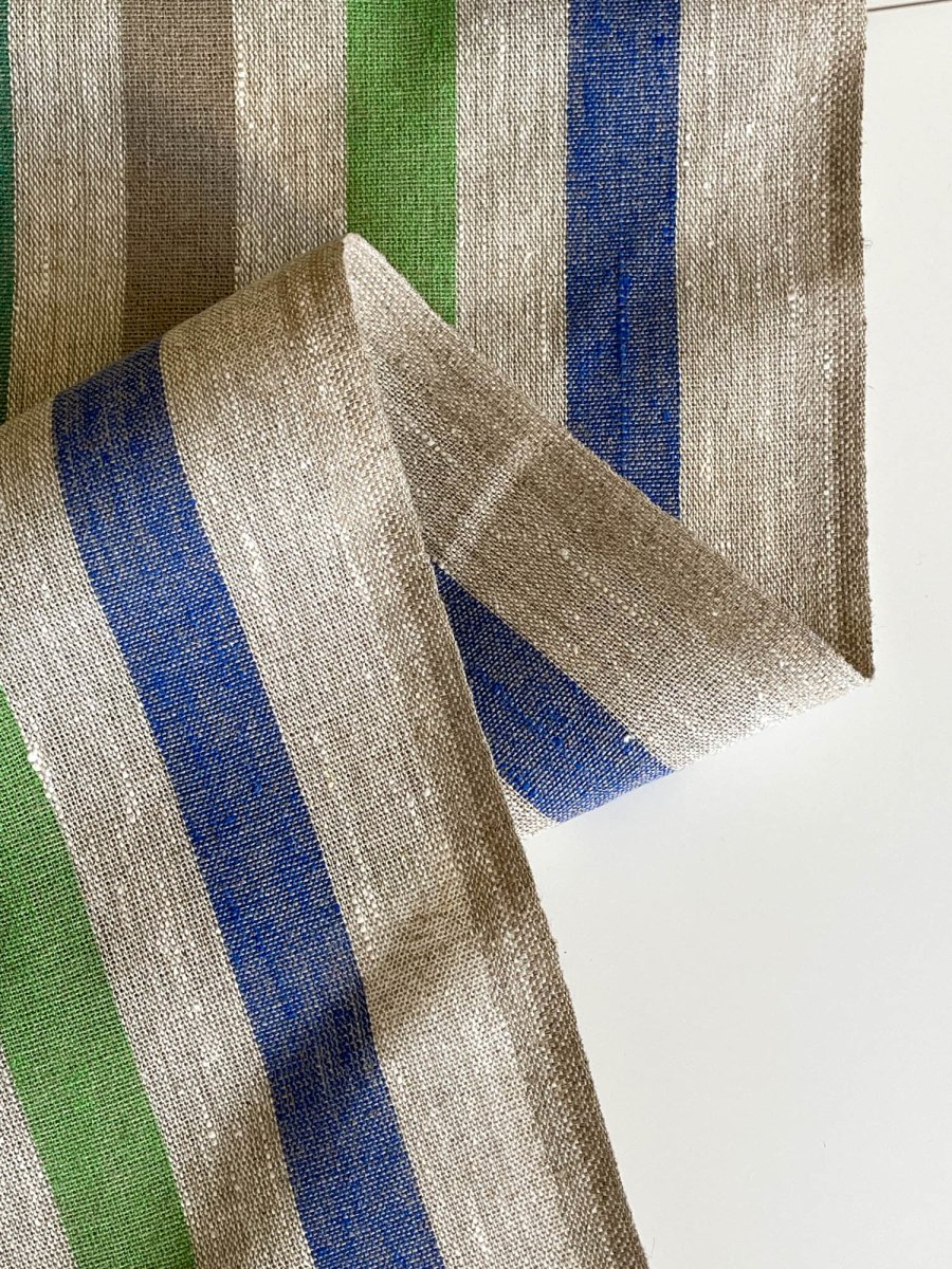 Natural narrow linen fabric with natural/blue/green wide stripes - earthytextiles