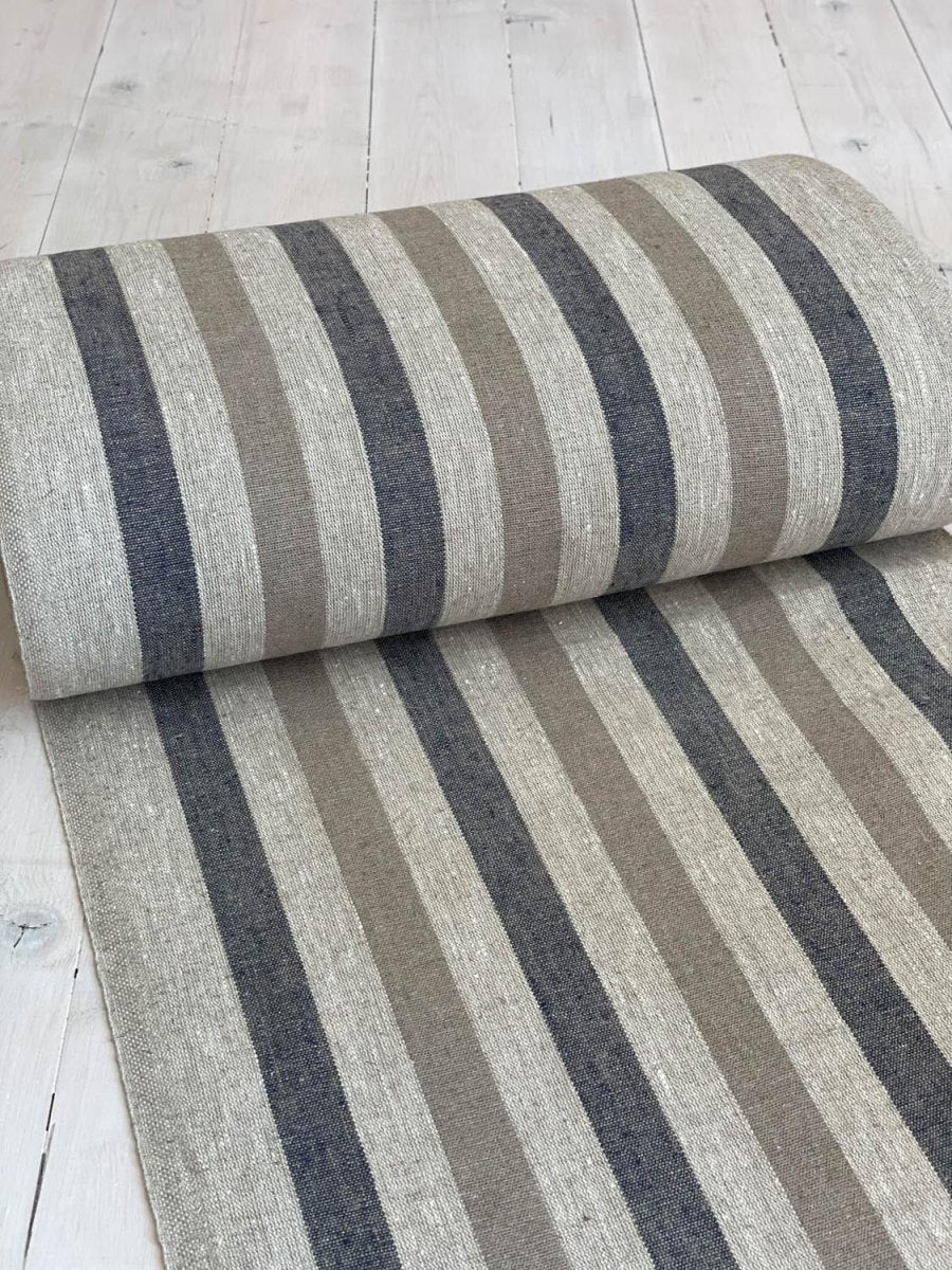 Natural narrow linen fabric with natural/dark blue wide stripes - earthytextiles