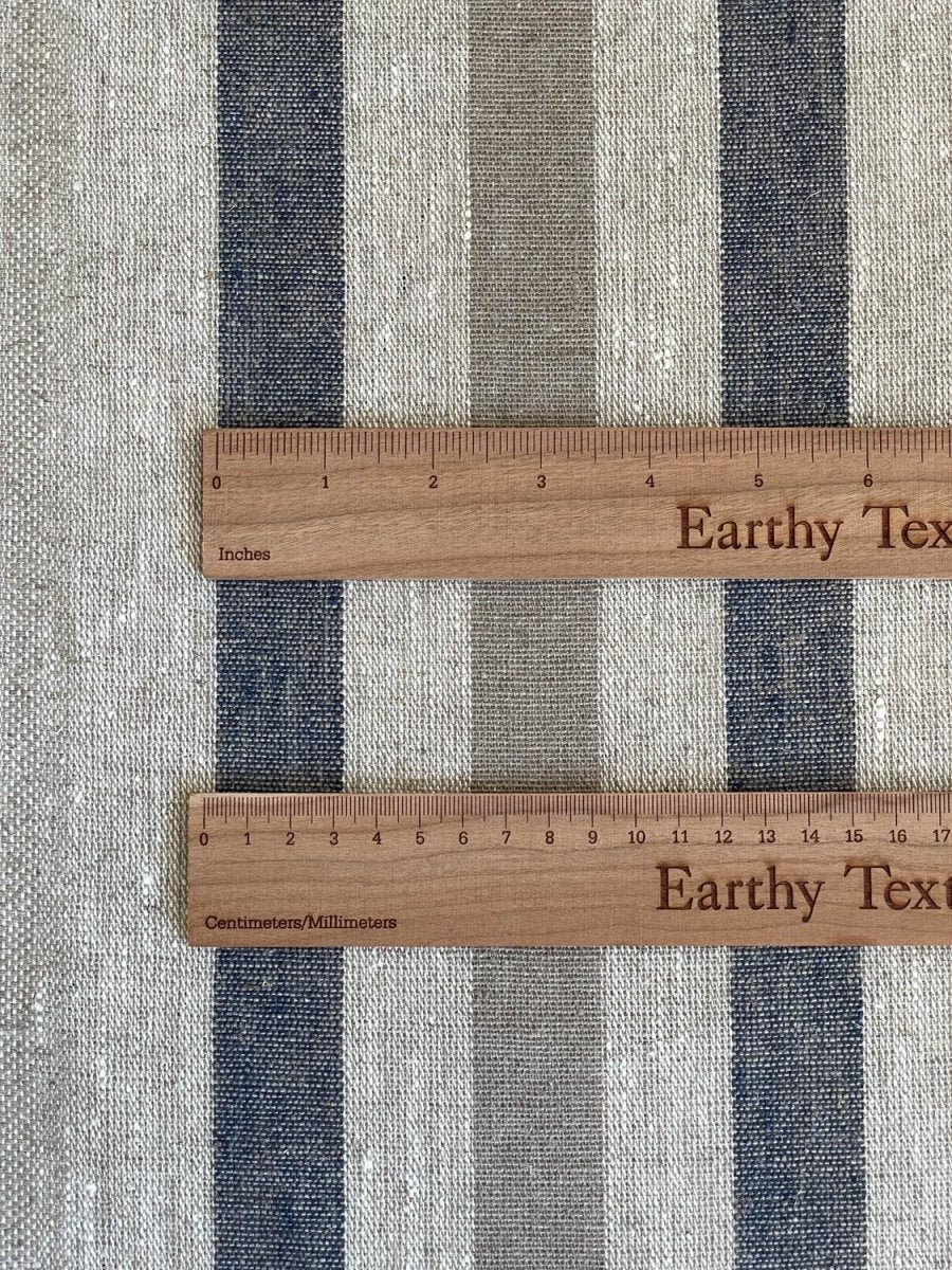 Natural narrow linen fabric with natural/dark blue wide stripes - earthytextiles