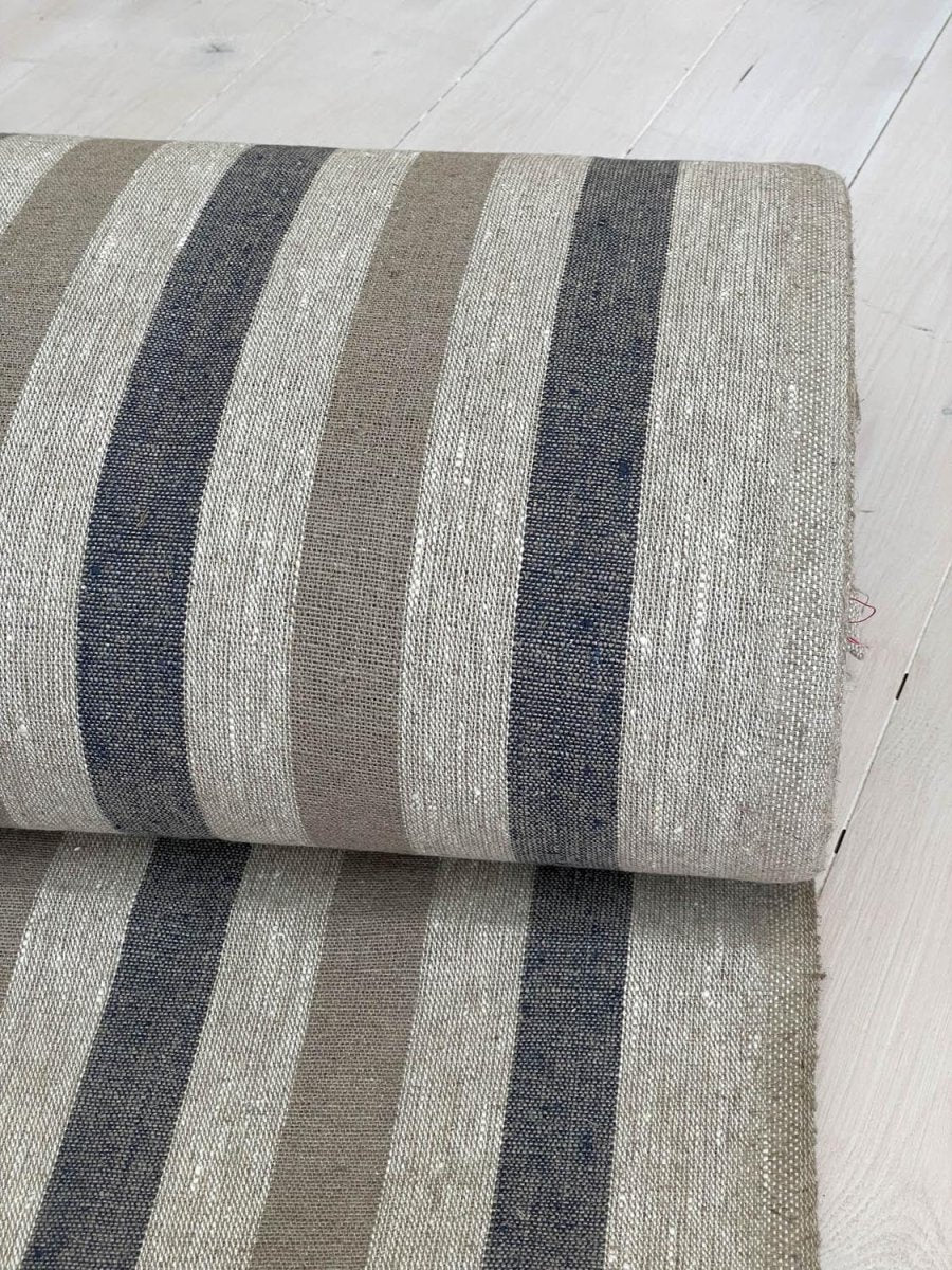 Natural narrow linen fabric with natural/dark blue wide stripes - earthytextiles