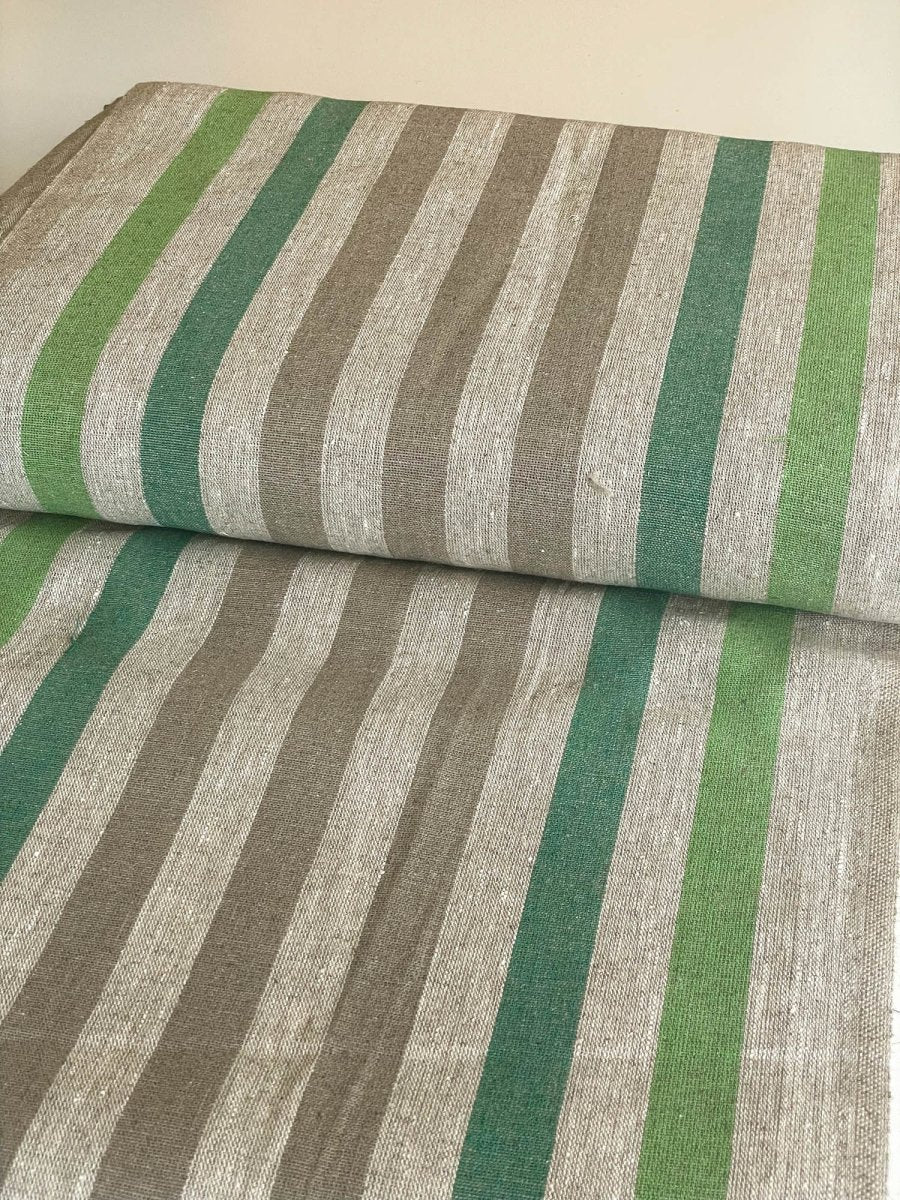 Natural narrow linen fabric with natural/green wide stripes - earthytextiles