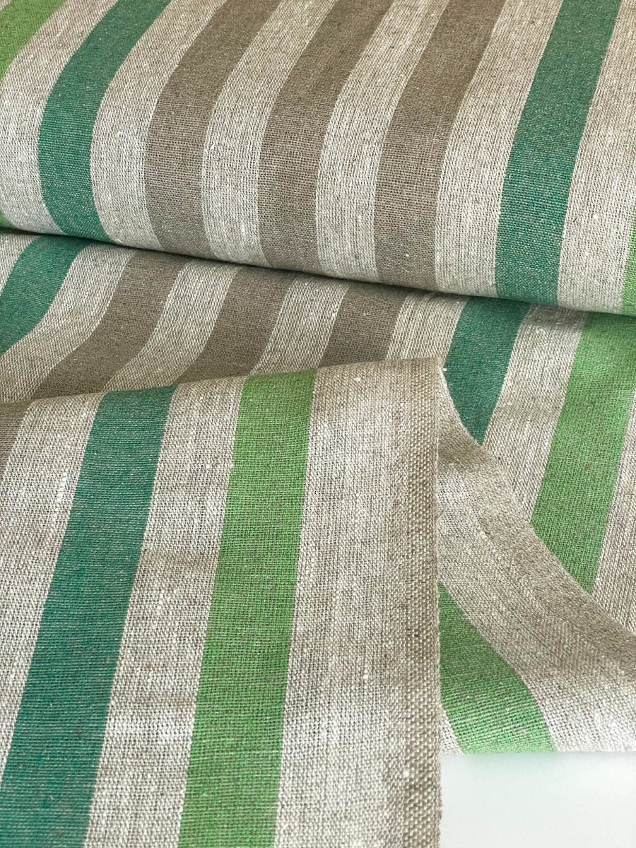 Natural narrow linen fabric with natural/green wide stripes - earthytextiles