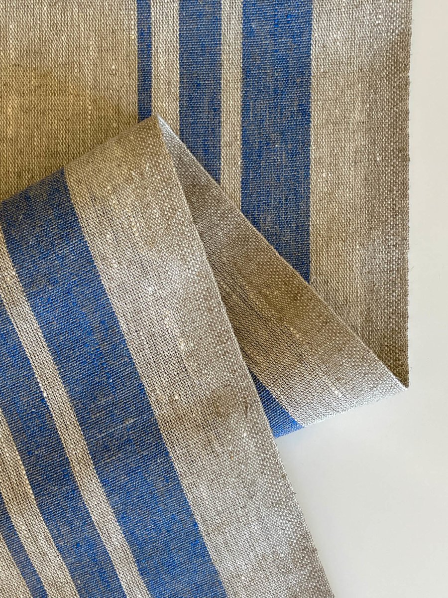 Natural narrow linen fabric with two blue side stripes - earthytextiles