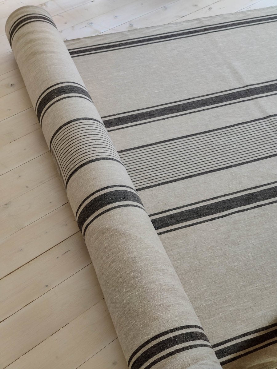 Natural Heavyweight Linen Fabric With Black Stripes