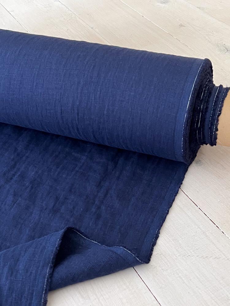 Navy Peony Linen Fabric - earthytextiles