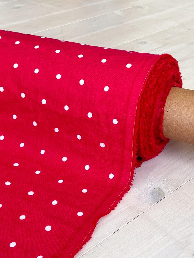 Bright rose with white dots linen fabric - earthytextiles