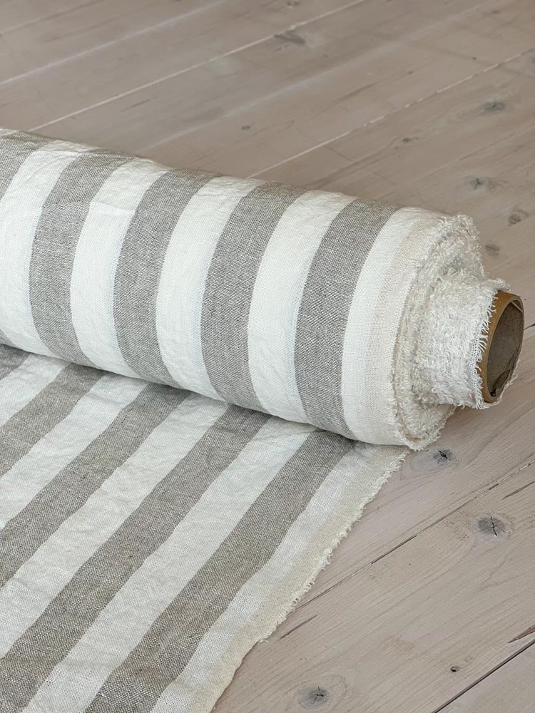 Heavyweight linen fabric with white/natural stripes - earthytextiles