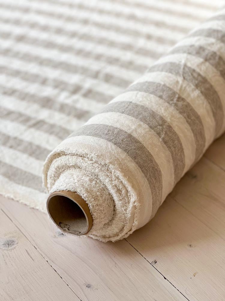 Heavyweight linen fabric with white/natural stripes - earthytextiles