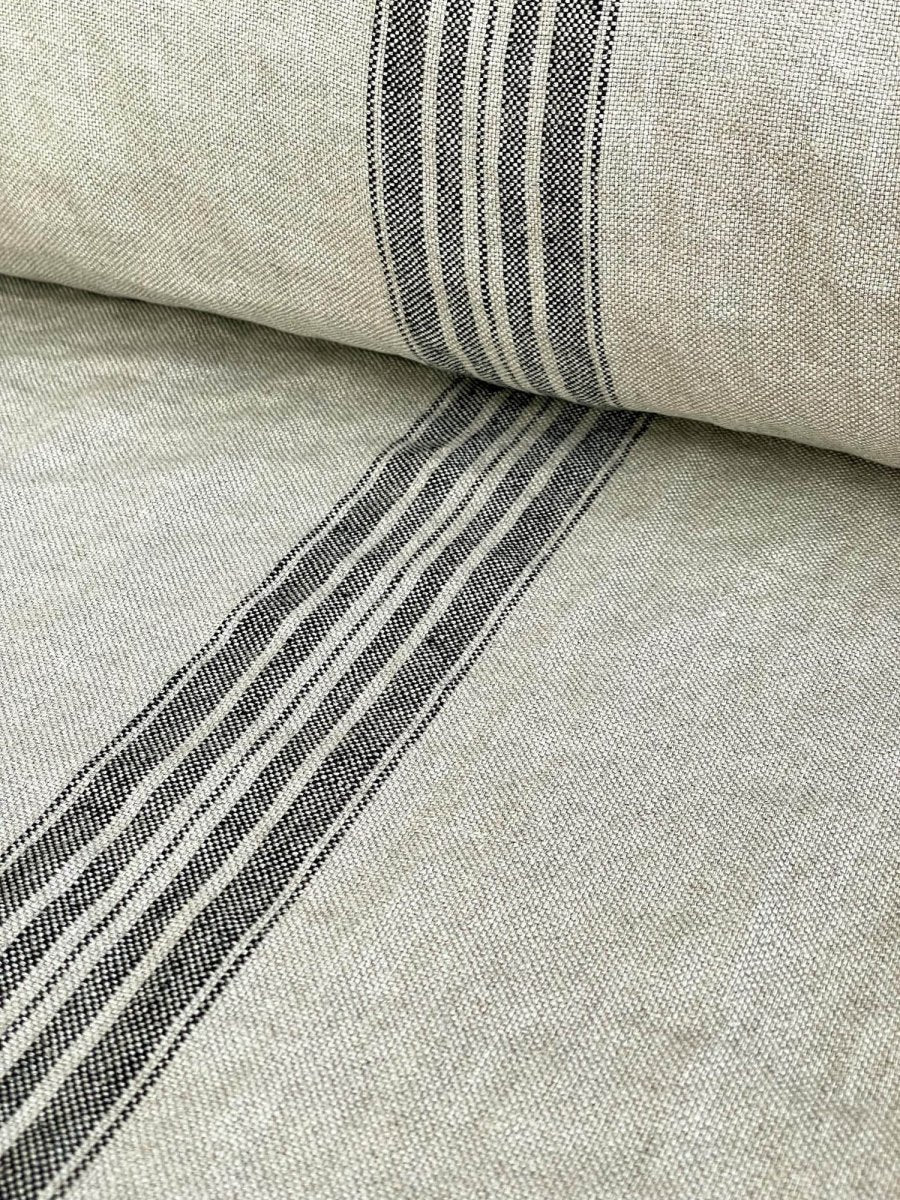 Natural heavyweight linen fabric with black stripes - earthytextiles