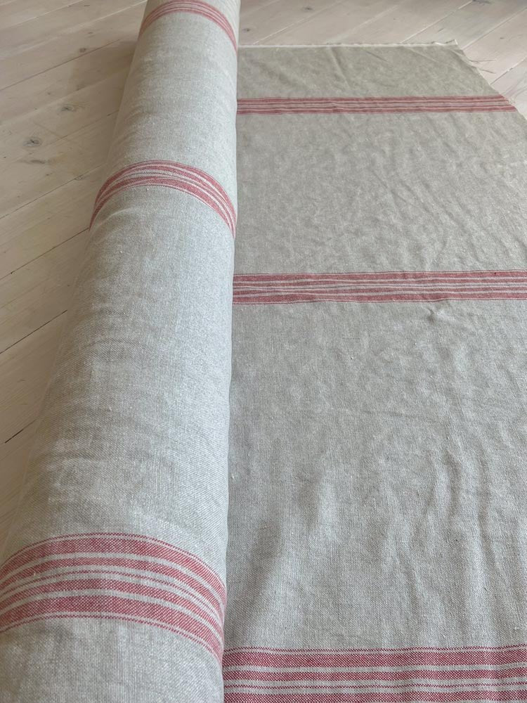 Natural heavyweight linen fabric with red stripes - earthytextiles