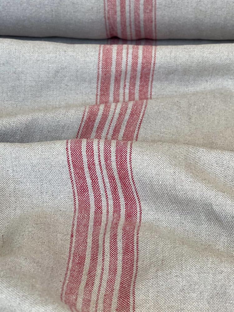 Natural heavyweight linen fabric with red stripes - earthytextiles