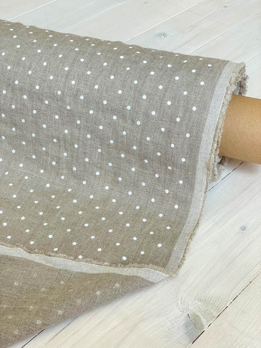 Natural linen fabric with white dots - earthytextiles