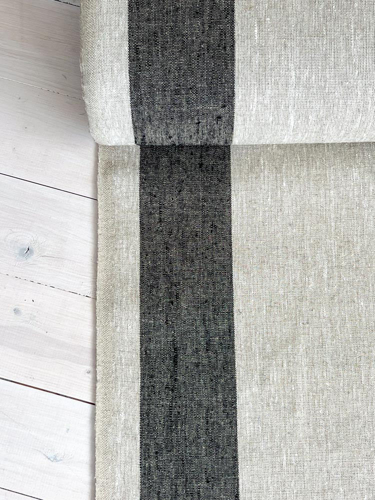 Natural narrow linen fabric with black wide side stripes - earthytextiles
