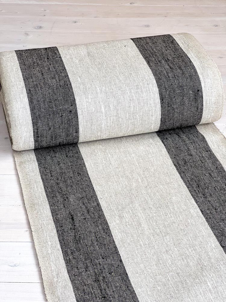 Natural narrow linen fabric with black wide side stripes - earthytextiles