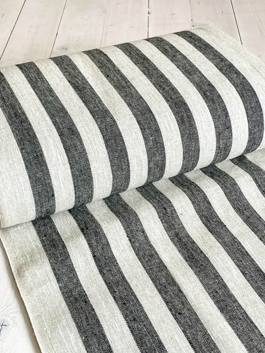 Natural narrow linen fabric with black wide stripes - earthytextiles