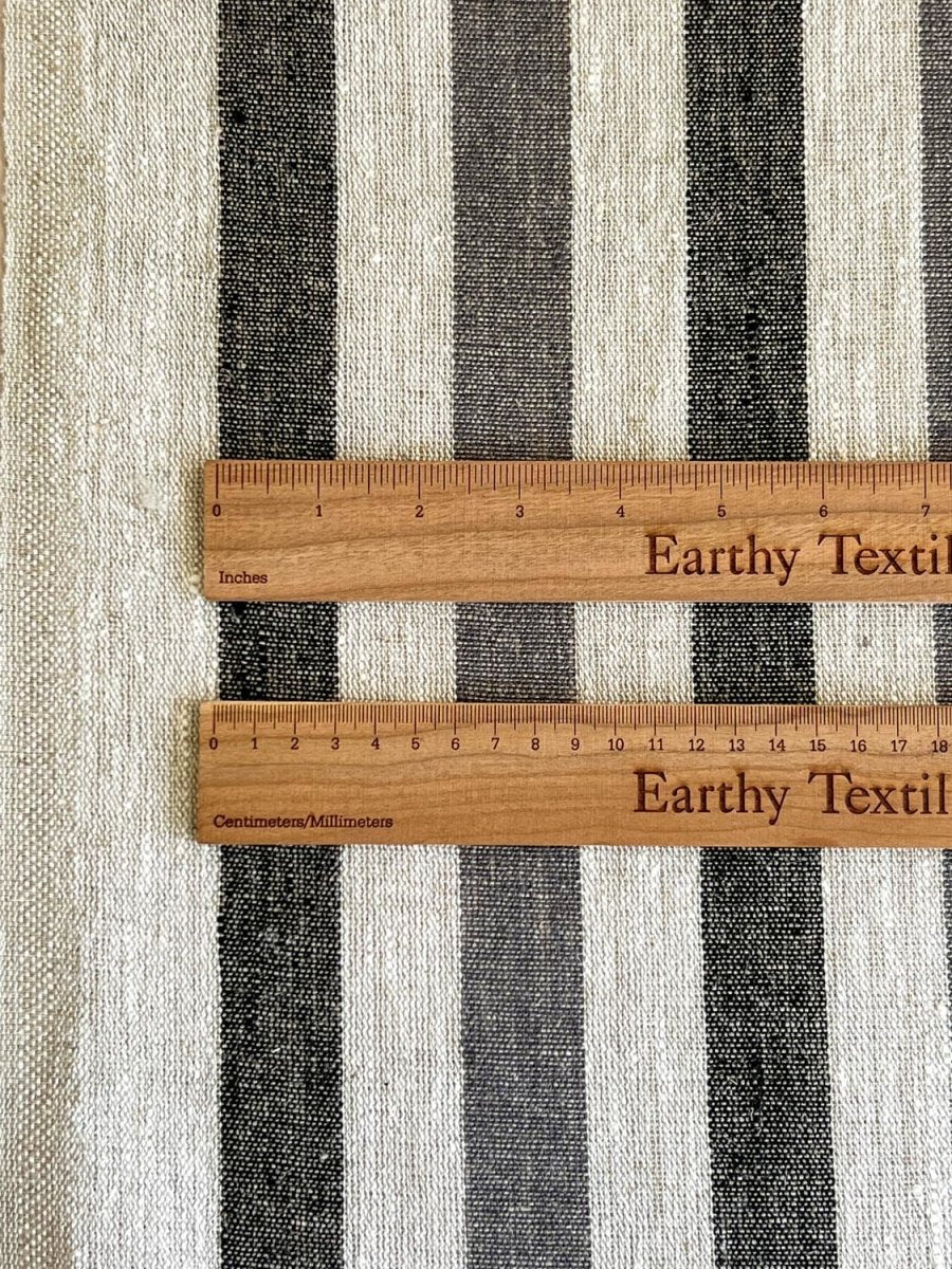 Natural narrow linen fabric with black/grey wide stripes - earthytextiles