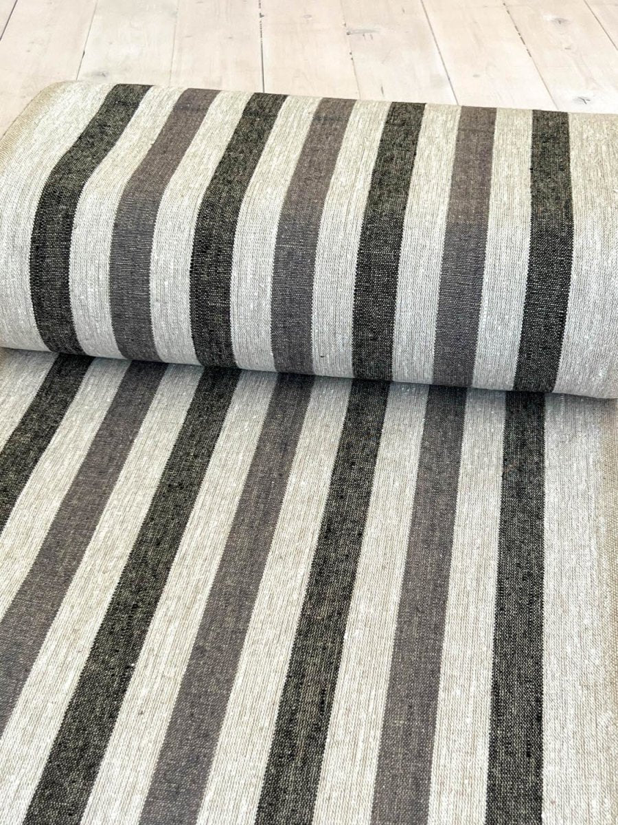 Natural narrow linen fabric with black/grey wide stripes - earthytextiles