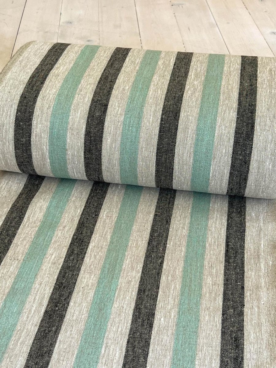 Natural narrow linen fabric with black/mint wide stripes - earthytextiles