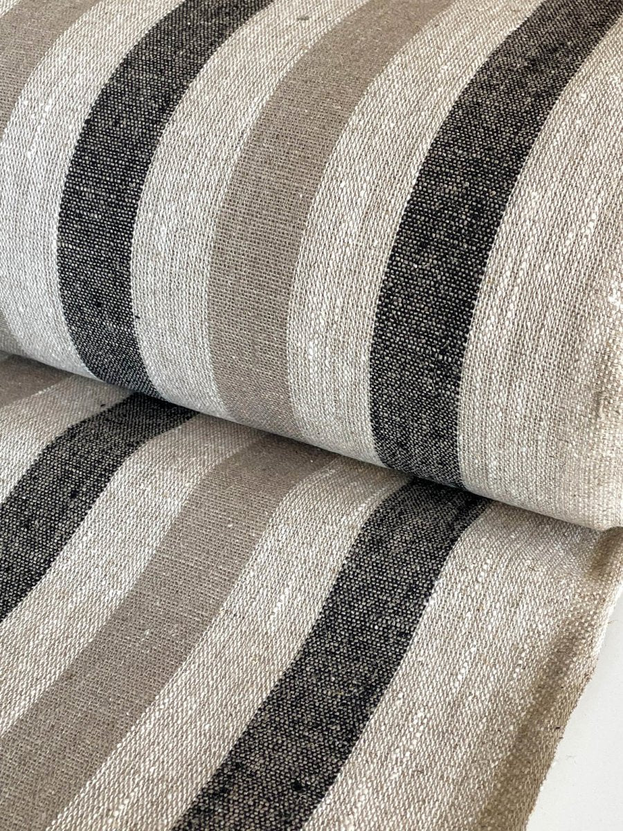 Natural narrow linen fabric with black/natural wide stripes - earthytextiles