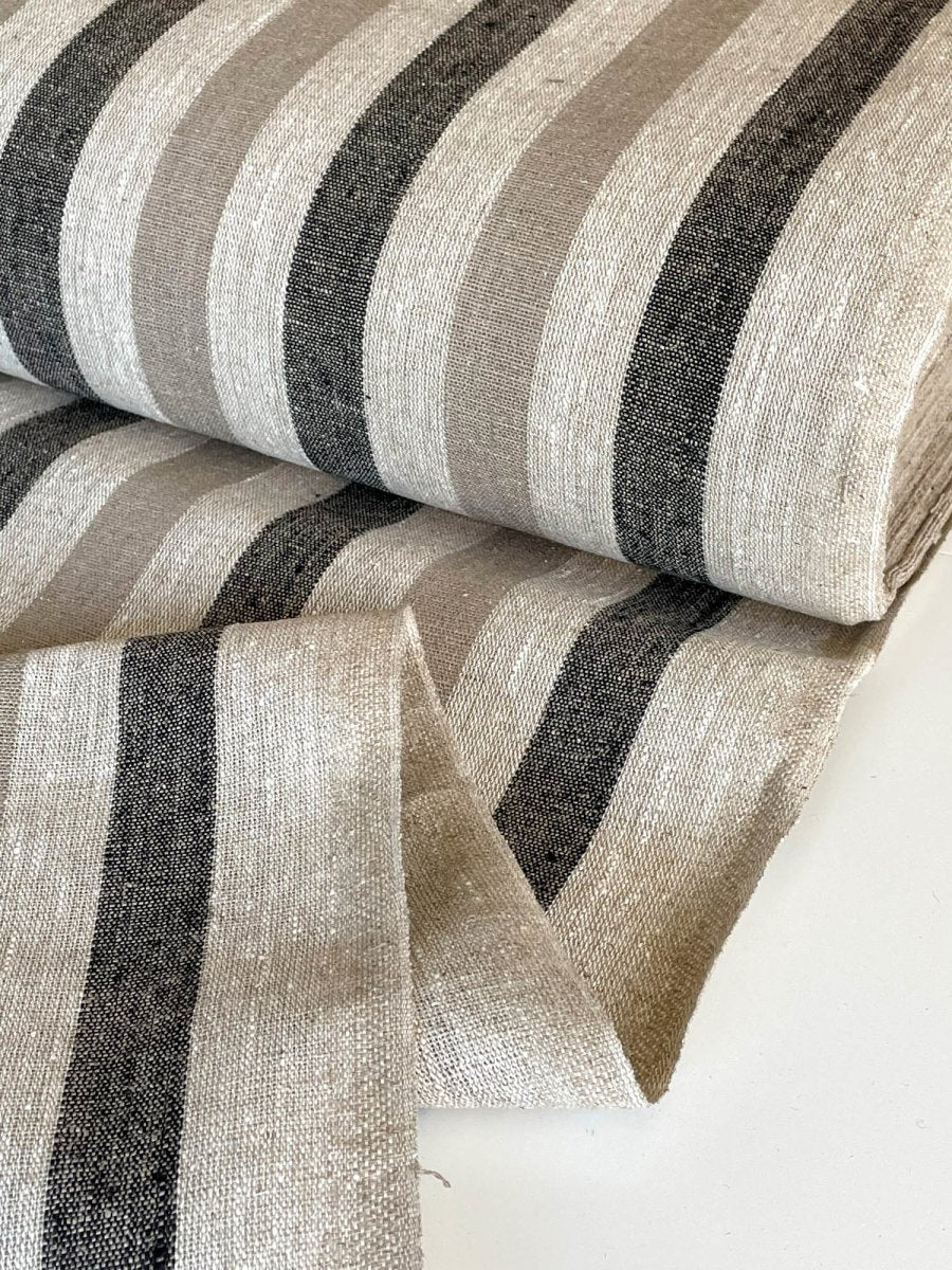 Natural narrow linen fabric with black/natural wide stripes - earthytextiles