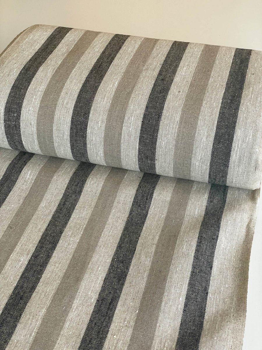 Natural narrow linen fabric with black/natural wide stripes - earthytextiles