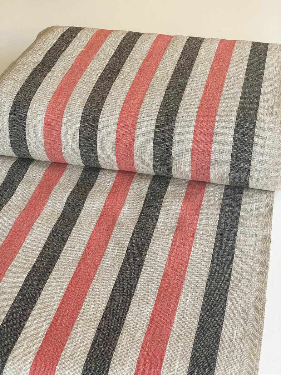 Natural narrow linen fabric with black/red wide stripes - earthytextiles