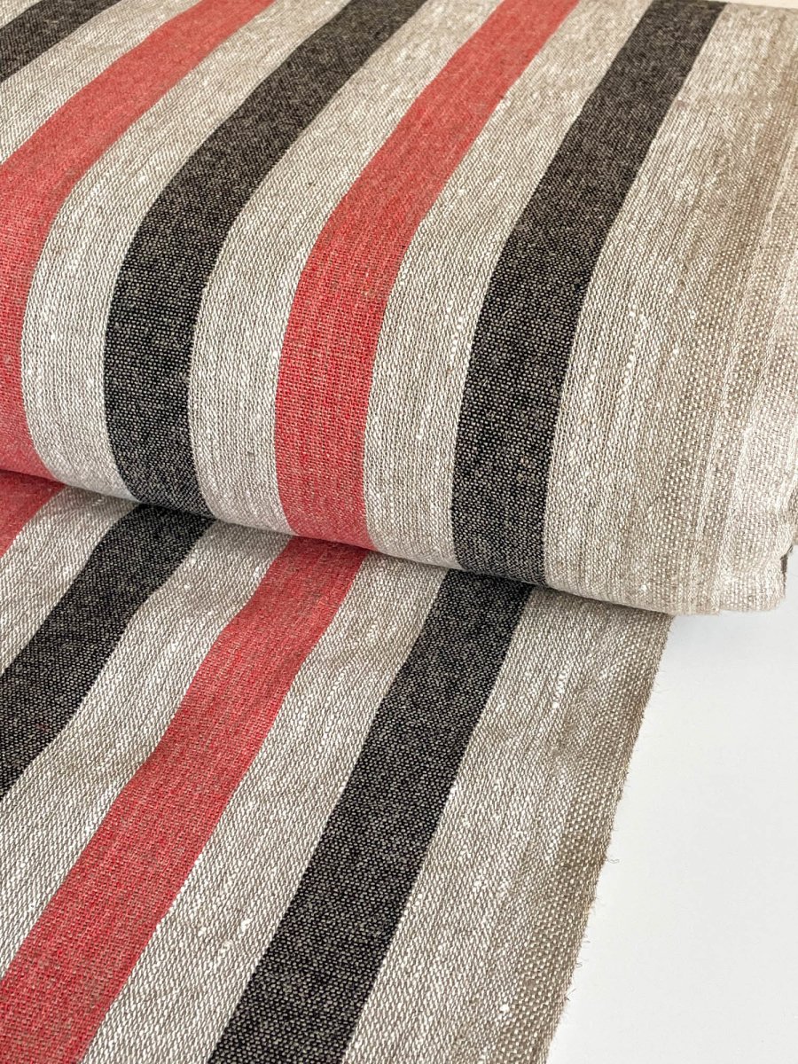 Natural narrow linen fabric with black/red wide stripes - earthytextiles