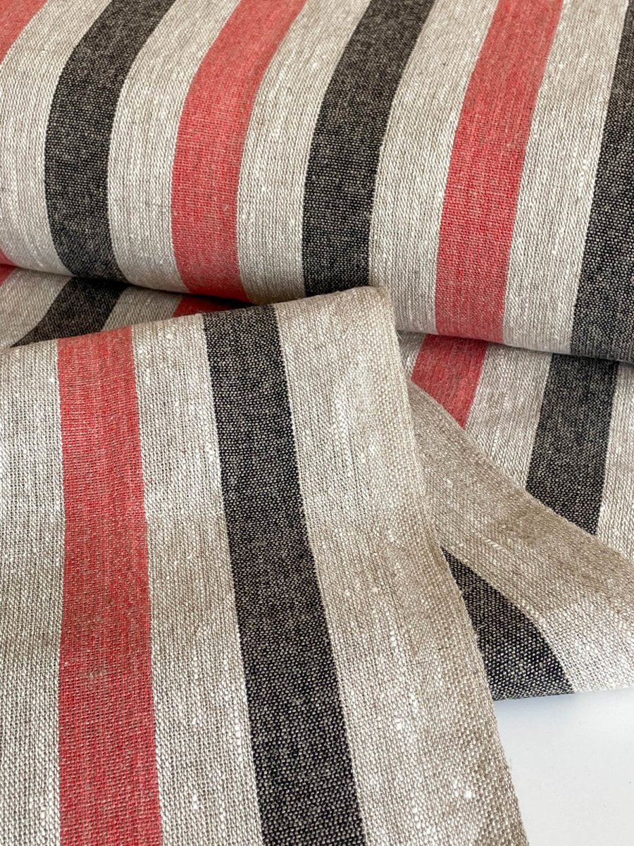 Natural narrow linen fabric with black/red wide stripes - earthytextiles